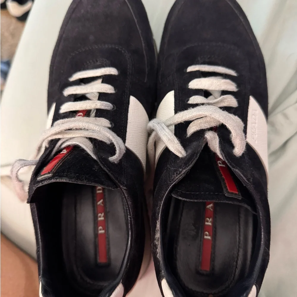Prada Black White Suede Sneakers with Red Accents - Picture 1 of 9